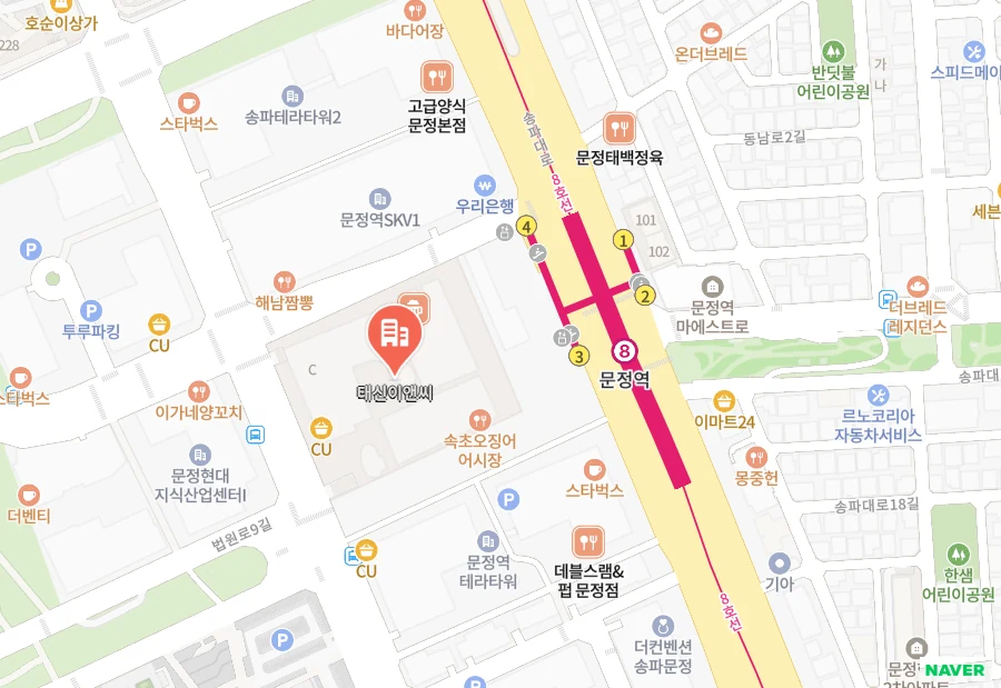 태신이앤씨 위치 지도: 서울 송파구 법원로 114 엠스테이트 A동, 문정역 3·4번 출구 인근