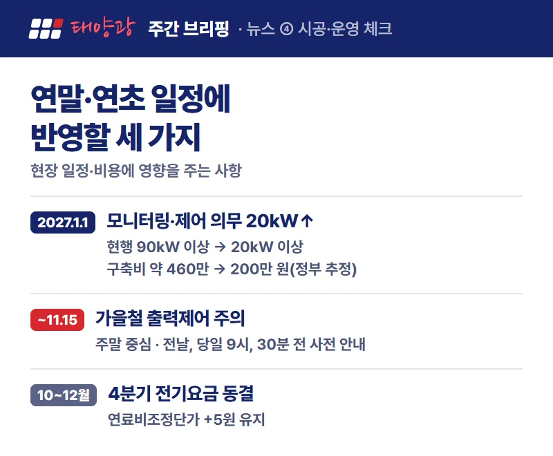 모니터링·제어 의무 20kW 확대, 가을철 출력제어, 4분기 전기요금 동결