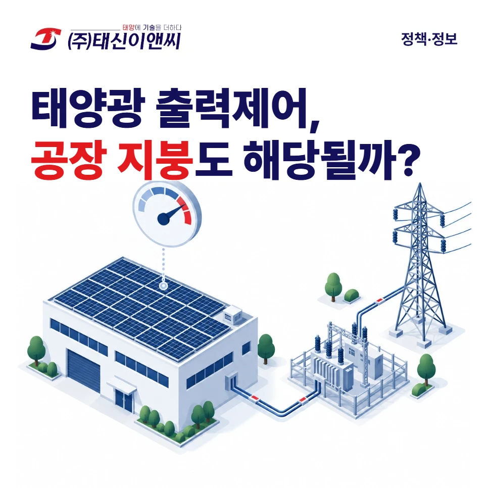 태양광 출력제어, 공장 지붕도 해당될까: 지붕에 태양광이 올라간 공장과 출력 조절 계기판, 변전소와 송전탑
