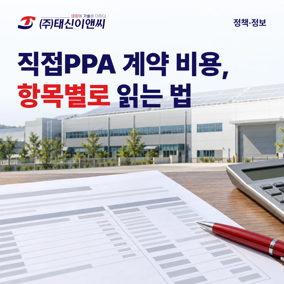 직접PPA 계약 비용, 항목별로 읽는 법: 공장 지붕 태양광 발전소 앞 책상 위의 항목별 전력 계약 명세서와 계산기