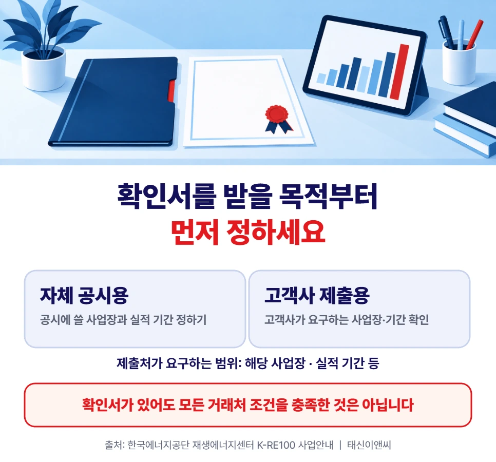 확인서를 받을 목적부터 정하기: 자체 공시용과 고객사 제출용, 제출처가 요구하는 사업장과 실적 기간 확인