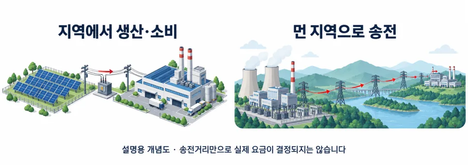 가까운 곳의 소비와 장거리 송전을 비교한 개념도