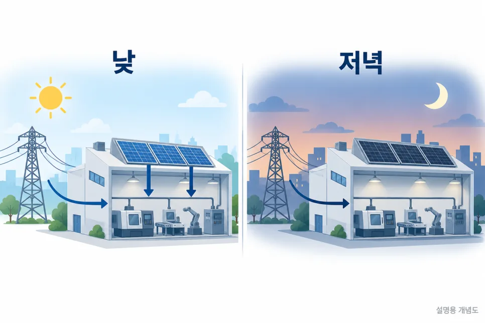 낮과 저녁의 자가소비와 전력 구매 개념도