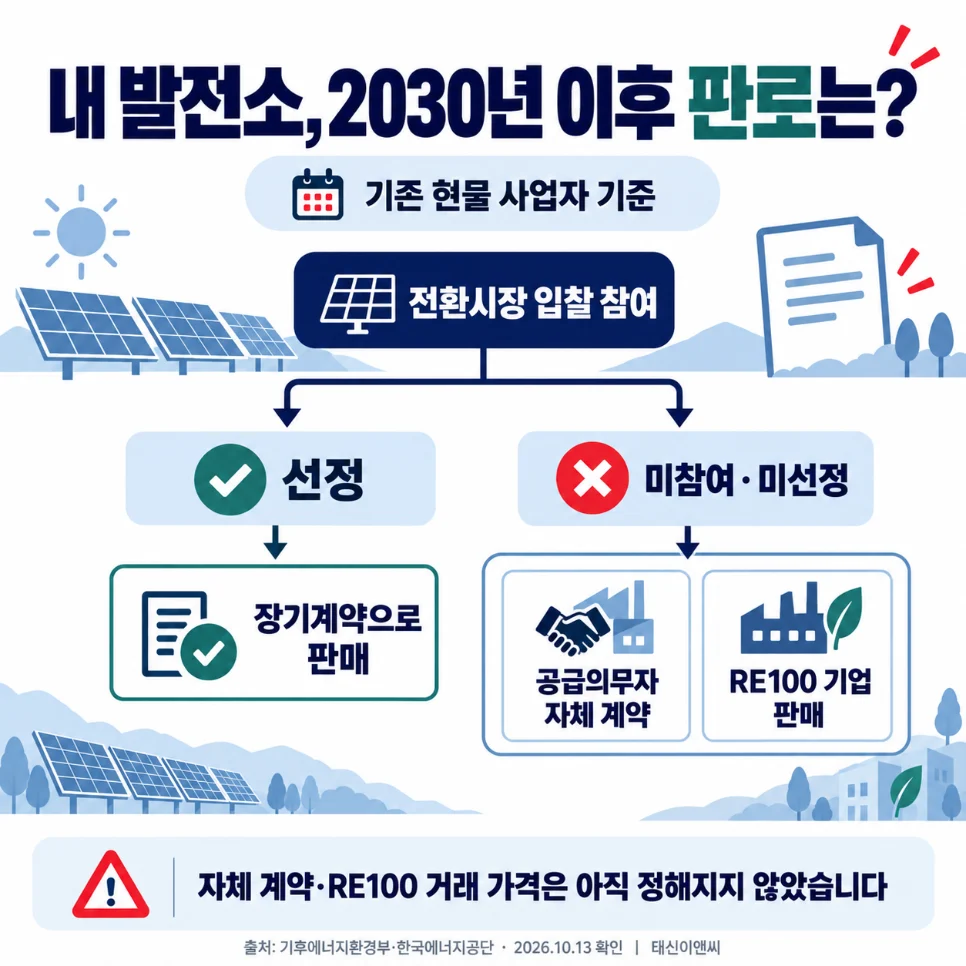 기존 현물 사업자의 전환시장 선정, 미참여·미선정 시 2030년 이후 REC 판로 흐름도