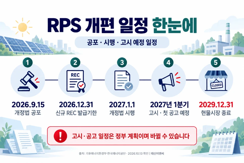 RPS 개편 일정: 2026.9.15 공포, 2026.12.31 신규 REC 발급기한, 2027.1.1 시행, 2027년 1분기 고시, 2029.12.31 현물시장 종료